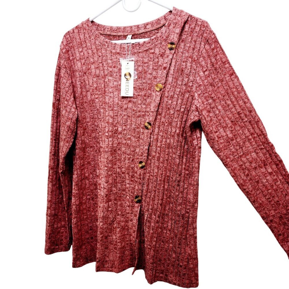 Womens Ribbed Knit Asymmetrical Button Front Sweater Top Long Sleeve Red Size XL - Picture 8 of 14